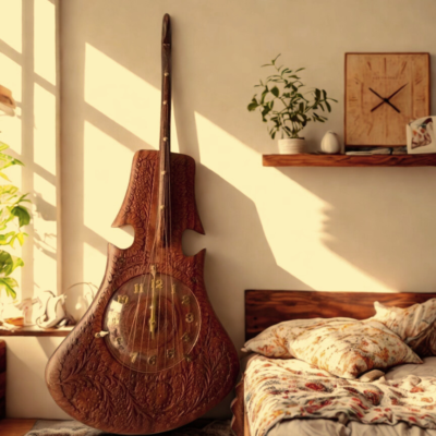 Wooden guitar wall clock handcrafted