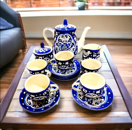 Blue pottery tea set