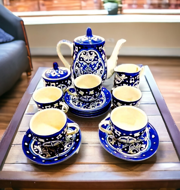 Blue pottery tea set