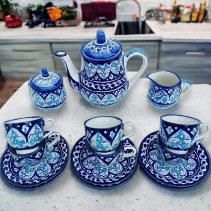 blue pottery tea set