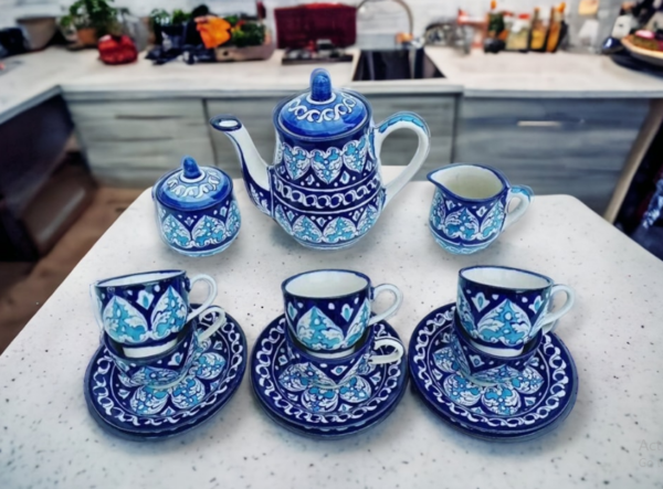 blue pottery tea set