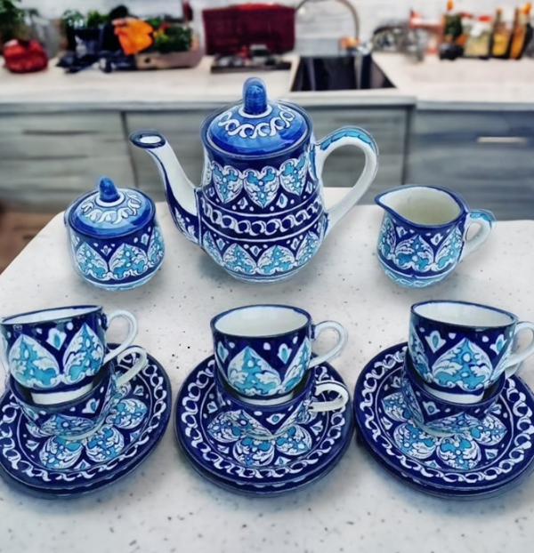 blue pottery tea set